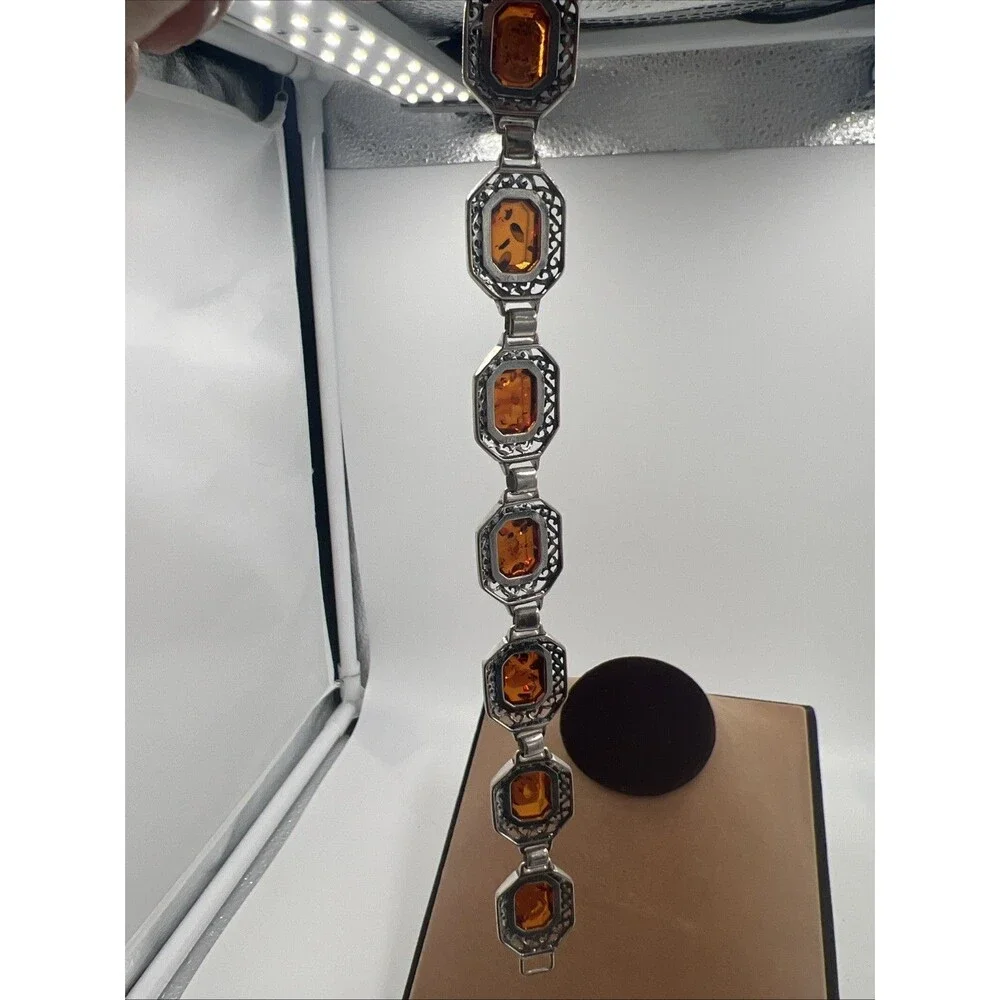 Vintage Bohemian Style Sterling Silver Amber Cabochon Link Bracelet